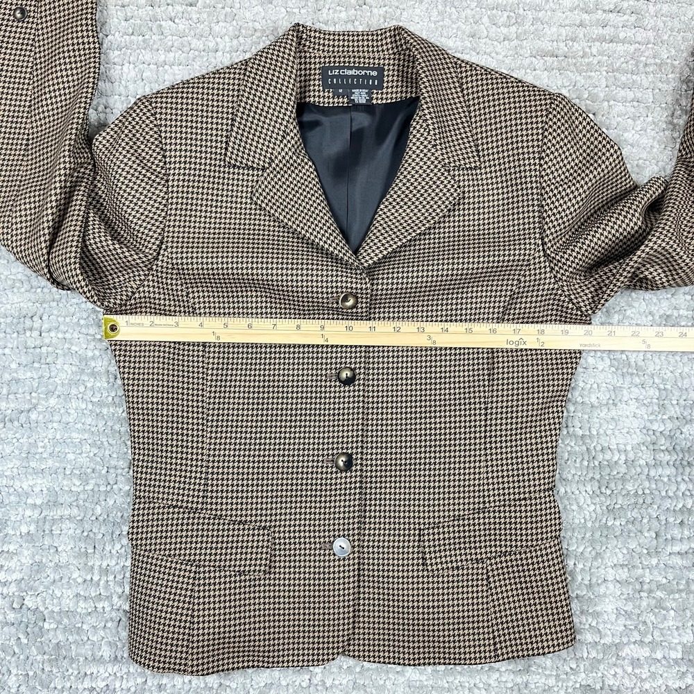 VTG Y2K Liz Claiborne Tan Black Houndstooth Wool Blazer Sz 12 Academia Business - Picture 5 of 10